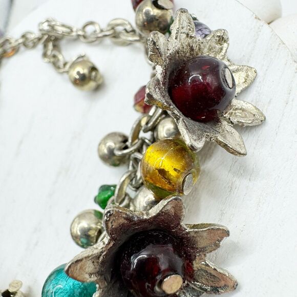Colorful Glass Bead Flower Cluster Cha Cha Bracelet Silver Tone 7-8.5” - Picture 6 of 14